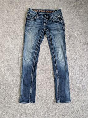 Rock Revival Garick Straight Jeans Size 25 Bling Flap Pocket Distressed Denim